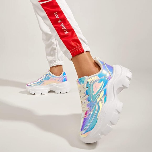 🆕 Women White Chunky Platform Sneakers Lace-Up Casual Fashion Walking Shoes - Picture 6 of 7